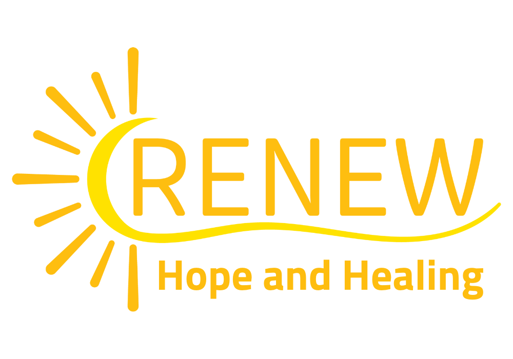 Yellow logo with the word "RENEW," a sun design, and the phrase "Hope and Healing" below, all on a transparent background from Renew Hope and Healing