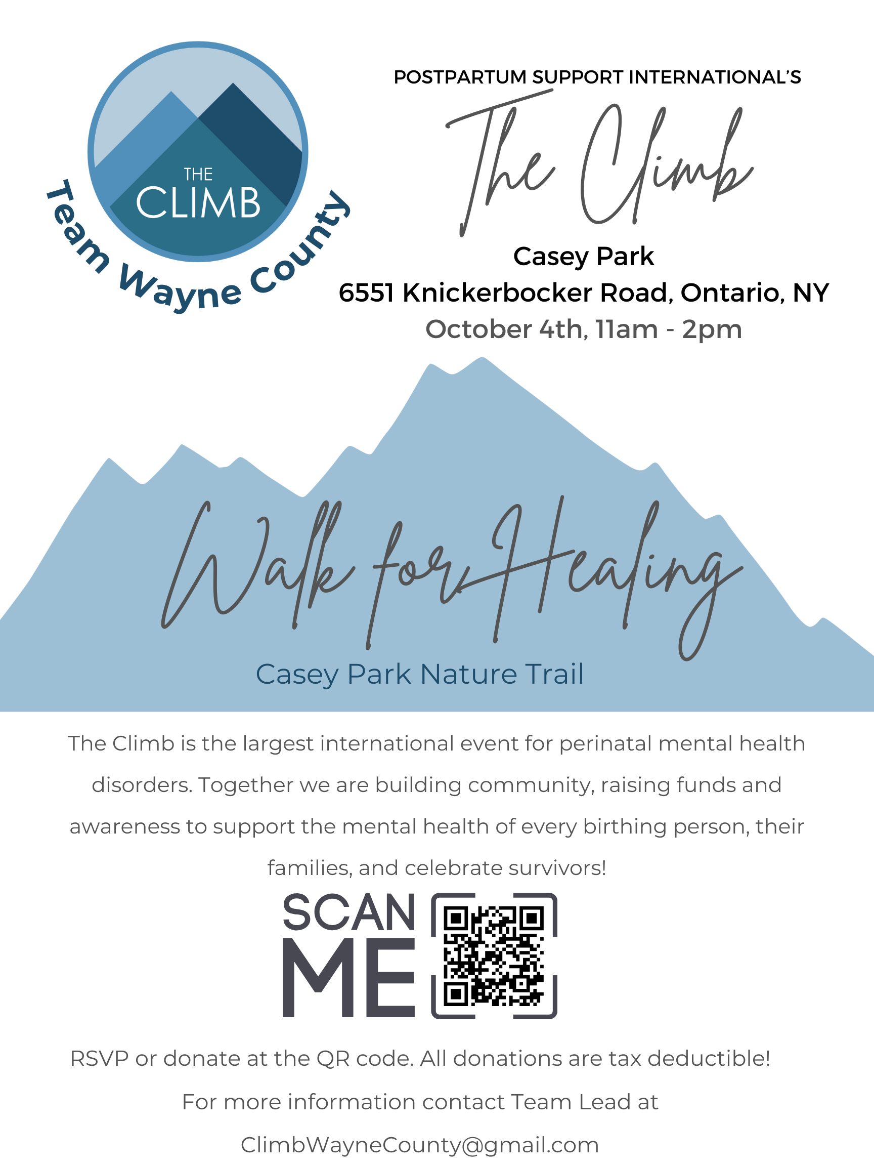 From Renew Hope and Healing: Flyer for "The Climb" postpartum support event at Casey Park, Ontario, NY on October 4th, 11am-2pm, with a QR code and event details for Team Wayne County.