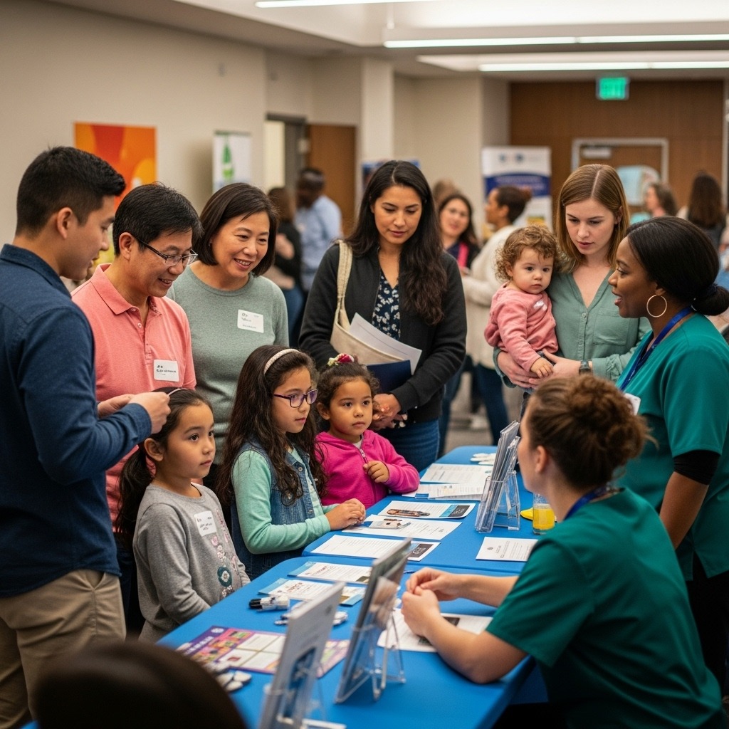 From Renew Hope and Healing: A group of adults and children gather around a table with informational materials at a community health fair, speaking with healthcare workers about resources for child mental health.