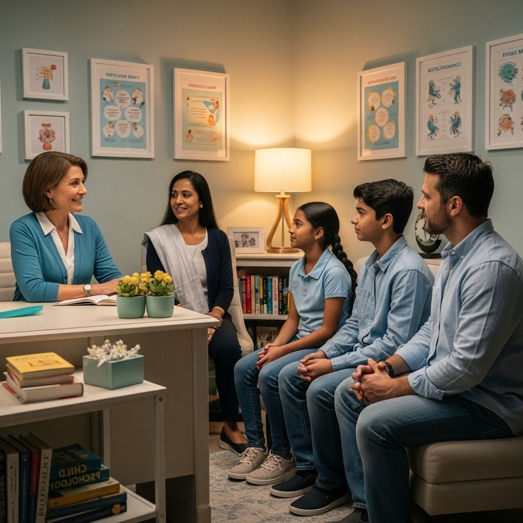 From Renew Hope and Healing: A family of four speaks with a woman in an office decorated with educational posters and books, suggesting a meeting or counseling session focused on teen mental health.