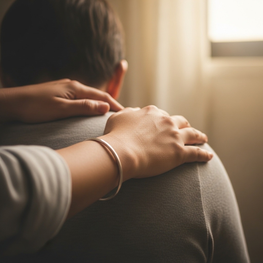 From Renew Hope and Healing: A person places their hands on another's shoulders in a comforting gesture, with soft natural light coming through a nearby window—capturing a warm moment of support often seen in adult therapy.