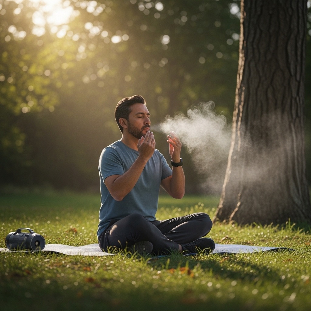 From Renew Hope and Healing: A man engages in adult therapy as he sits cross-legged on a mat in a park, closing his eyes and exhaling visibly, surrounded by greenery and sunlight, with a water bottle nearby.