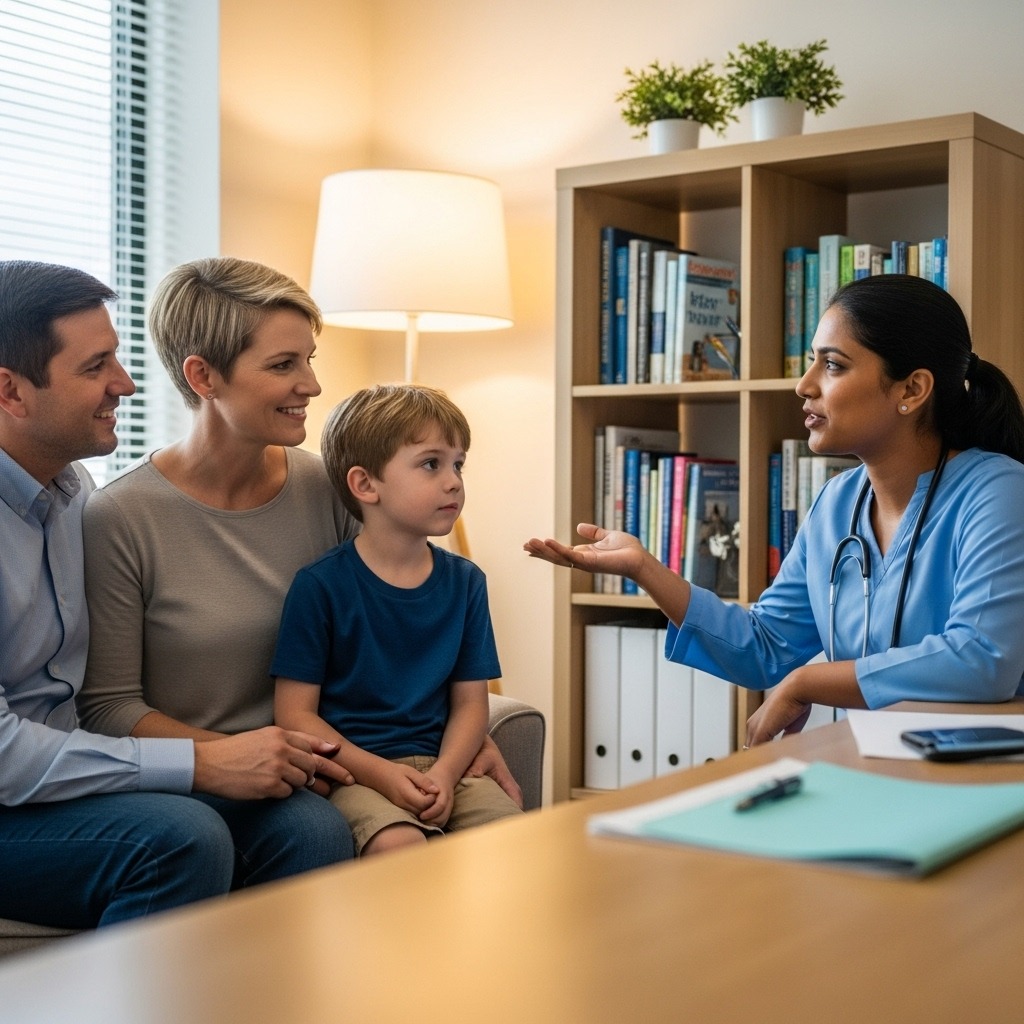 From Renew Hope and Healing: A doctor sits at a desk talking to a mother, father, and young boy in a warmly lit office with bookshelves and a lamp in the background, offering guidance on child mental health.