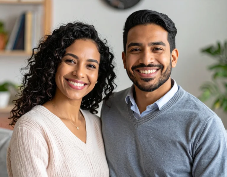 From Renew Hope and Healing: A smiling couple poses indoors, both wearing light sweaters; they are seated close together, perhaps after couples counseling, with a bookshelf and plant in the background.