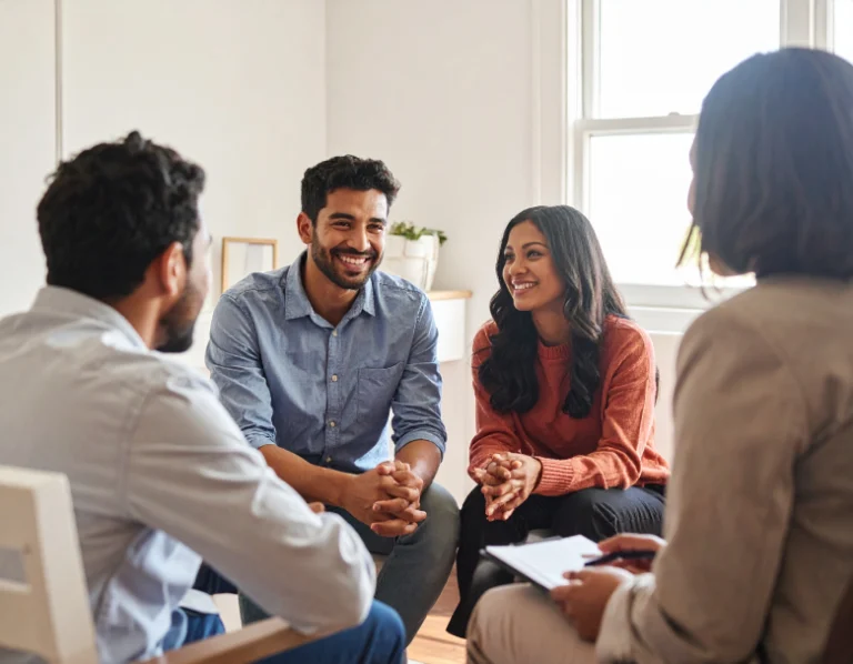 From Renew Hope and Healing: Four adults sit in a circle and engage in a group conversation indoors, suggesting a relationship therapy or couples counseling setting. One person holds a notepad as natural light streams through the window.