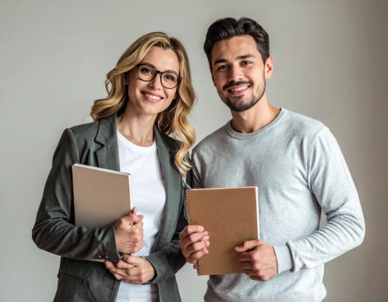 From Renew Hope and Healing: A woman and a man standing side by side, both smiling and holding notebooks, against a plain background—perfectly capturing the positive spirit often seen after couples counseling.