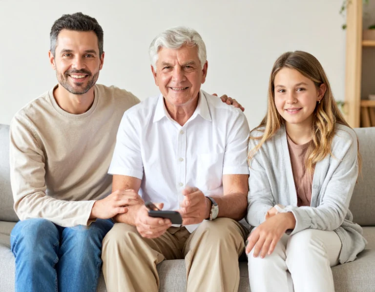 From Renew Hope and Healing: Three people, an older man holding a TV remote, a younger man, and a young girl, sit together on a sofa indoors, smiling at the camera—capturing the warmth often found in family counseling sessions.