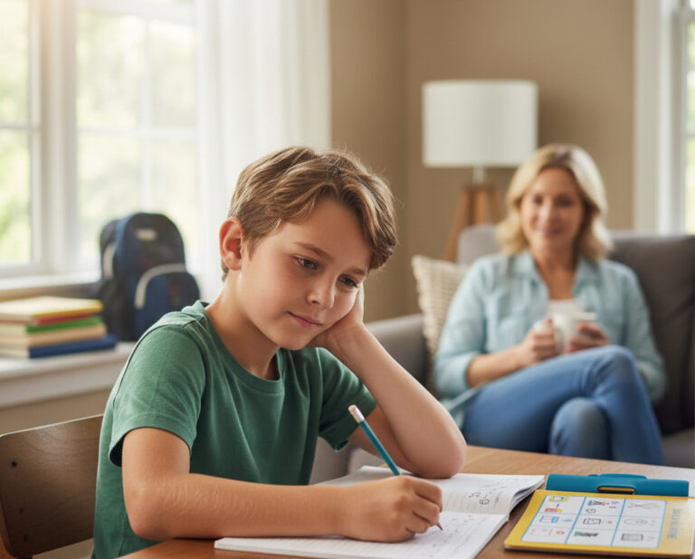 From Renew Hope and Healing: A boy sits at a table doing homework with a pencil, while an adult woman—perhaps seeking child counseling support—sits on a couch in the background holding a mug.