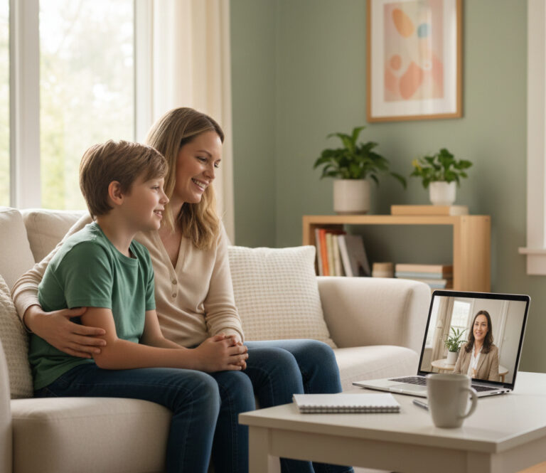 From Renew Hope and Healing: A woman and a boy sit on a couch and smile during an online Anxiety Counseling session with another woman displayed on a laptop screen in their living room.