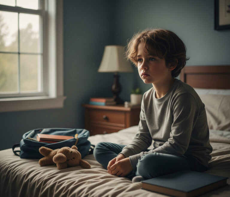 From Renew Hope and Healing: A young boy sits on a bed in a dimly lit bedroom, looking thoughtful. Nearby, a teddy bear, backpack, and books hint at his struggles—reflecting the quiet moments that children depression and anxiety counseling aim to support.