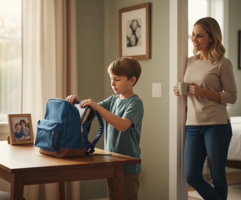 From Renew Hope and Healing: A boy packs a blue backpack at a table while a woman stands nearby holding a mug, in a warmly lit room with family photos—an everyday moment that can benefit from children counseling for support and understanding.