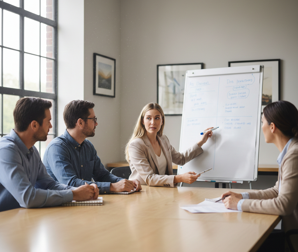 From Renew Hope and Healing: A woman presents information on a flip chart to three colleagues during a business meeting in a conference room, discussing strategies for effective anxiety counseling.