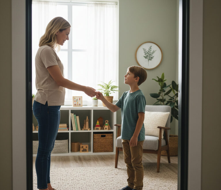 From Renew Hope and Healing: A woman and a young boy stand facing each other in a tidy, well-lit room, holding hands—an environment that fosters support for Children Depression. Shelves with books and toys are visible in the background.