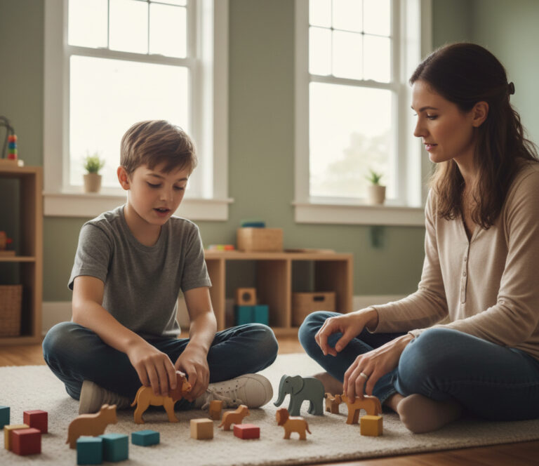 From Renew Hope and Healing: A woman and a young boy sit on a rug in a playroom, playing with animal figurines and wooden blocks—nurturing connection and support for children depression.