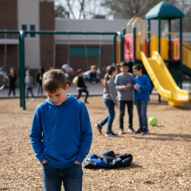 From Renew Hope and Healing: A boy in a blue hoodie stands alone on a playground, quietly observing school behaviors as other children play and interact near swings and a slide in the background.