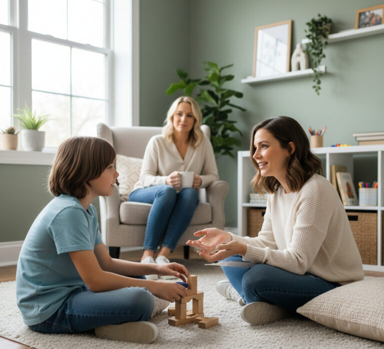 From Renew Hope and Healing: Two children sit on the floor building with wooden blocks while an adult, trained in anxiety counseling, sits nearby in a bright, neatly decorated living room.