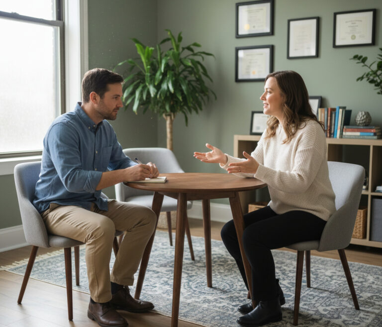 From Renew Hope and Healing: Two people sit across from each other at a small round table in an office, discussing anxiety counseling. One takes notes while the other gestures with their hands, highlighting the importance of support for children depression and mental wellbeing.
