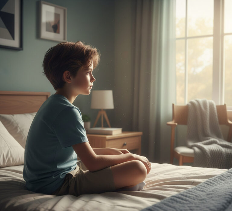 From Renew Hope and Healing: A young boy sits cross-legged on a bed in a softly lit bedroom, looking out the window with a thoughtful expression—capturing a quiet moment often addressed in children counseling or anxiety counseling.