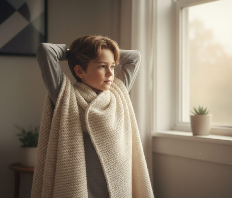 From Renew Hope and Healing: A young person with short hair stands indoors by a window, wrapped in a cozy knit blanket, arms resting behind their head, as potted plants on the windowsill offer calm—reflecting the comfort found in children depression support.