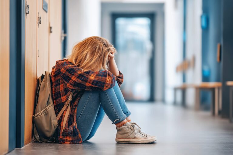 From Renew Hope and Healing: A person sits on the floor in a hallway, leaning against lockers with their head in their hands, appearing distressed—an image that highlights the importance of children depression support and anxiety counseling.